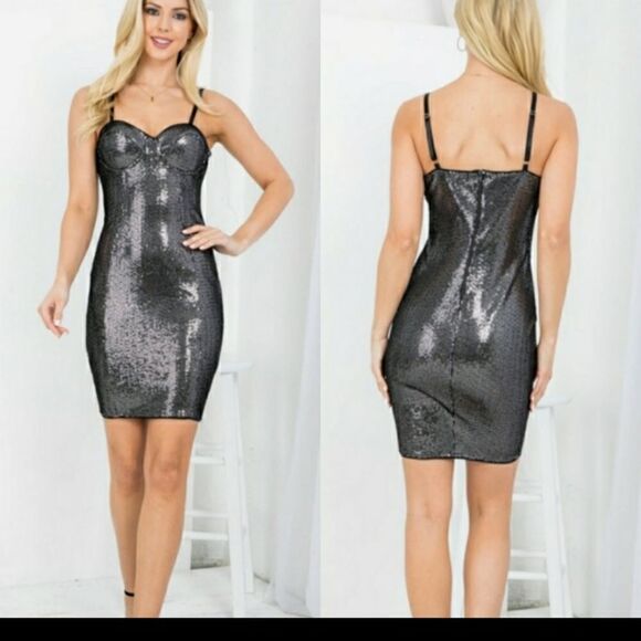 Sequin Mini Dress beautiful Little Black Dress size L 8-10 - Picture 2 of 3